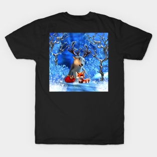 Little reindeer and cute fox wish you a merry christmas time T-Shirt